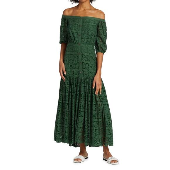VERONICA BEARD Women's Cali Off-The-Shoulder Eyelet Dress Size 2 In Forest - Picture 1 of 11